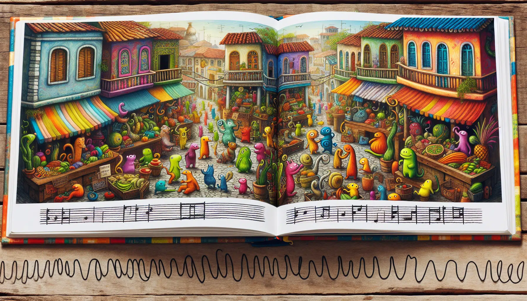 Illustration of a colorful picture book with engaging characters