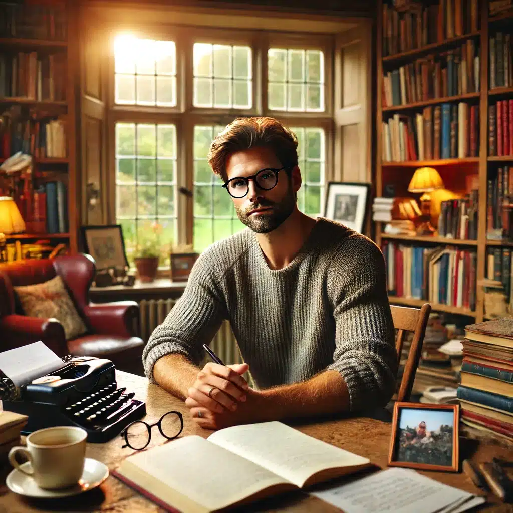 A man sitting at a desk in a cozy, well-lit room, surrounded by bookshelves filled with books. He has a contemplative expression, with a pen in his hand and an open notebook in front of him. The room has warm colors, with a large window showing a peaceful garden outside. The man is casually dressed in a sweater and glasses, looking thoughtful as he prepares to write his memoir. On the desk, there are scattered papers, a cup of coffee, and a photo frame showing a happy moment from his past.