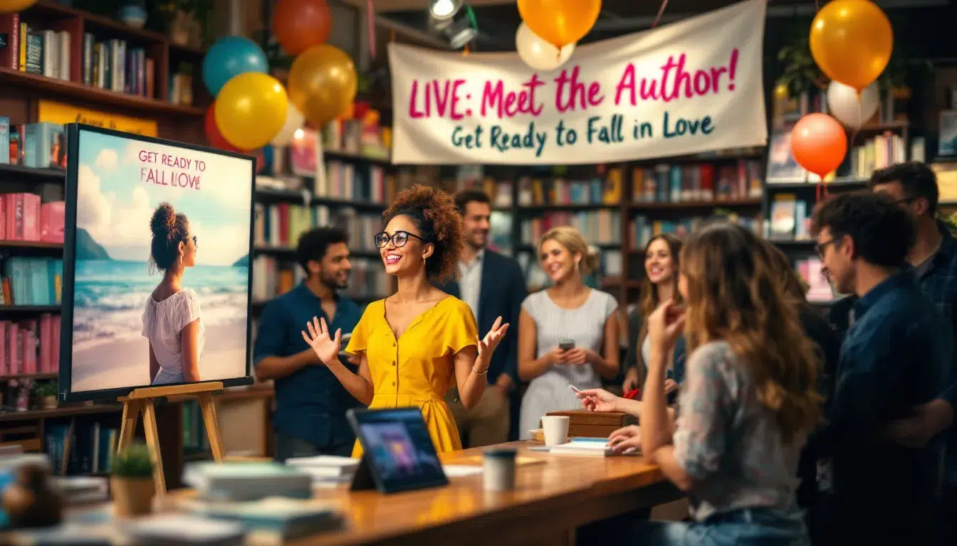 A traditional book marketing event, showcasing an author engaging with readers.